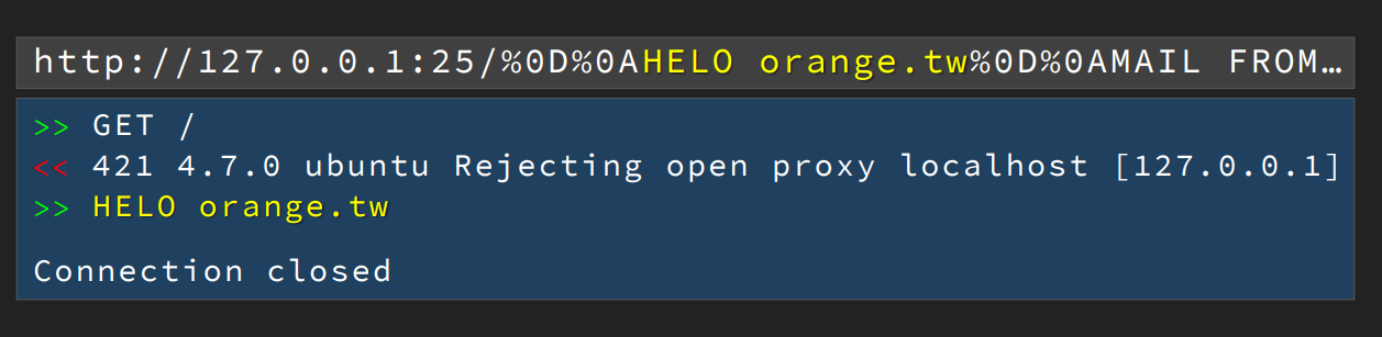 Figure 3: Smuggling SMTP protocol over HTTP protocol (credit: Orange Tsai, Black Hat 2017)