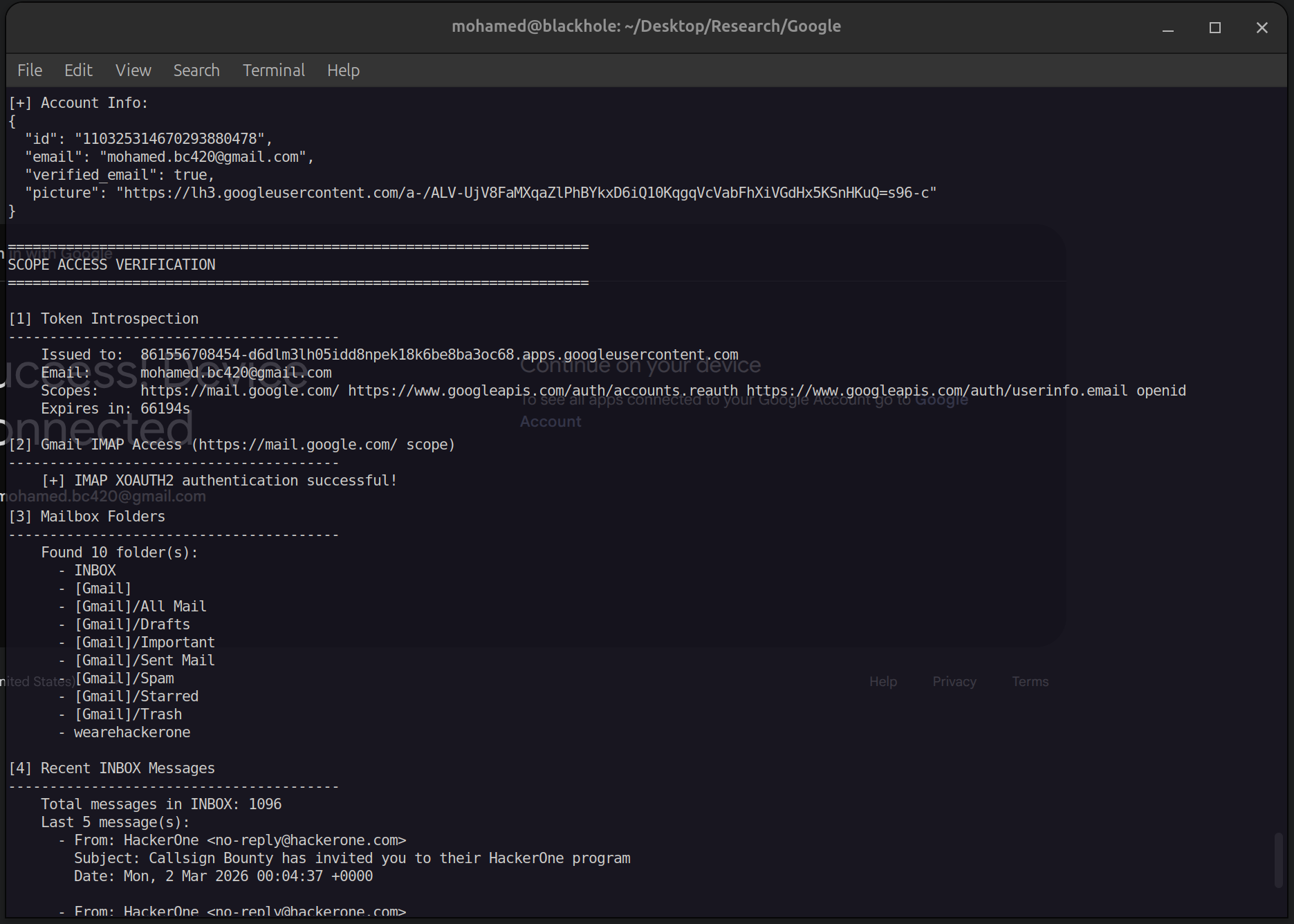 Successful IMAP XOAUTH2 authentication over the substituted token, listing real Gmail folders and recent inbox messages